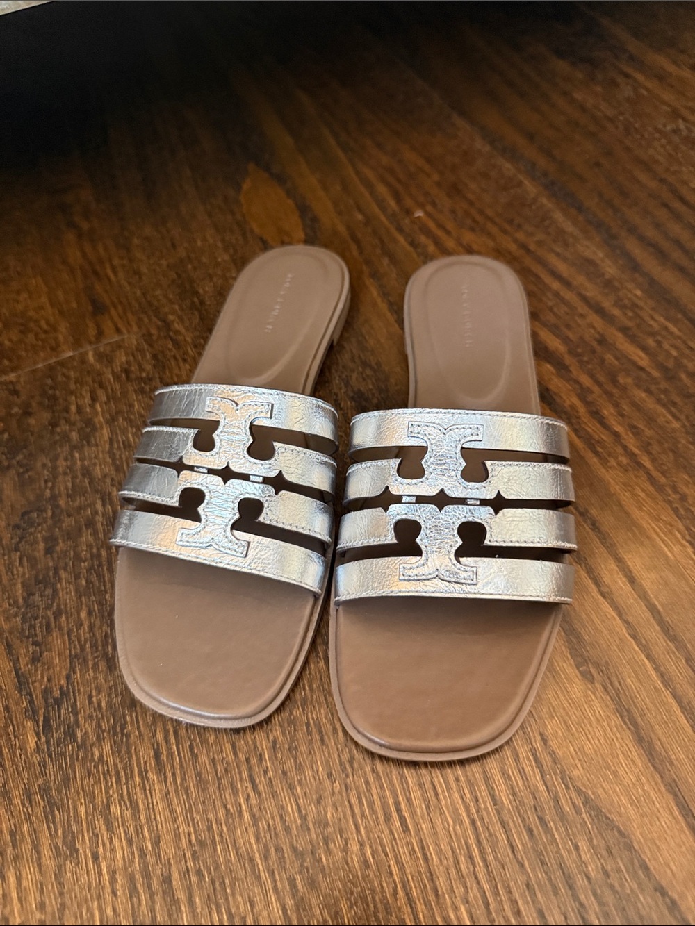 Tory Burch Metallic Silver Cutout Slide Sandals - Picture 2 of 5